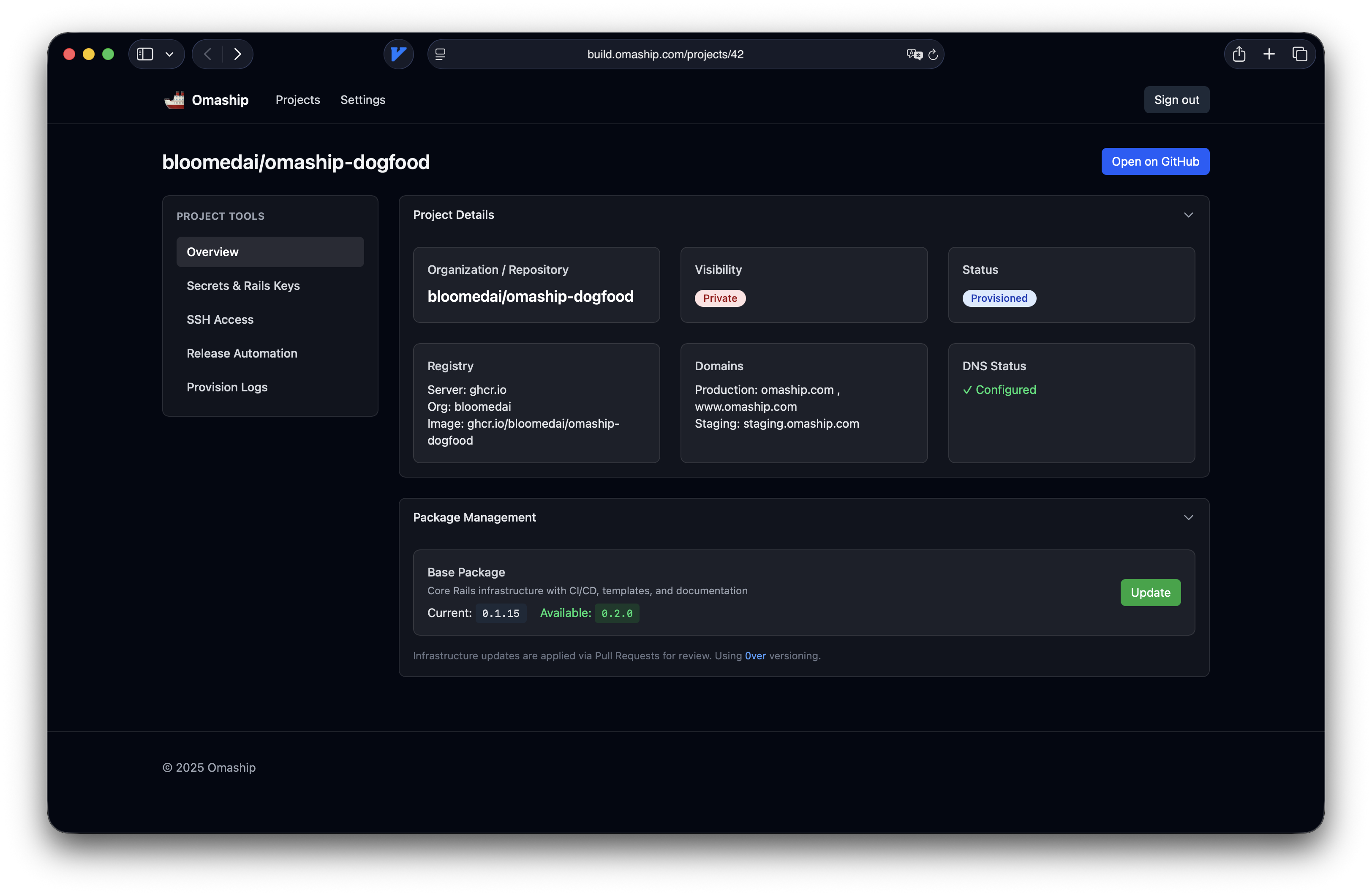 Omaship dashboard showing project management interface
